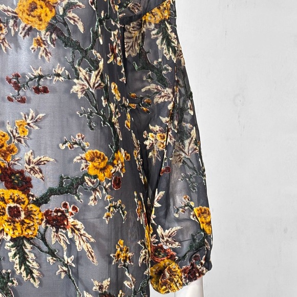 Dark Floral Velvet Burnout Sheer Long Sleeve Mini Dress Womens M Boho Whimsygoth - Picture 5 of 8